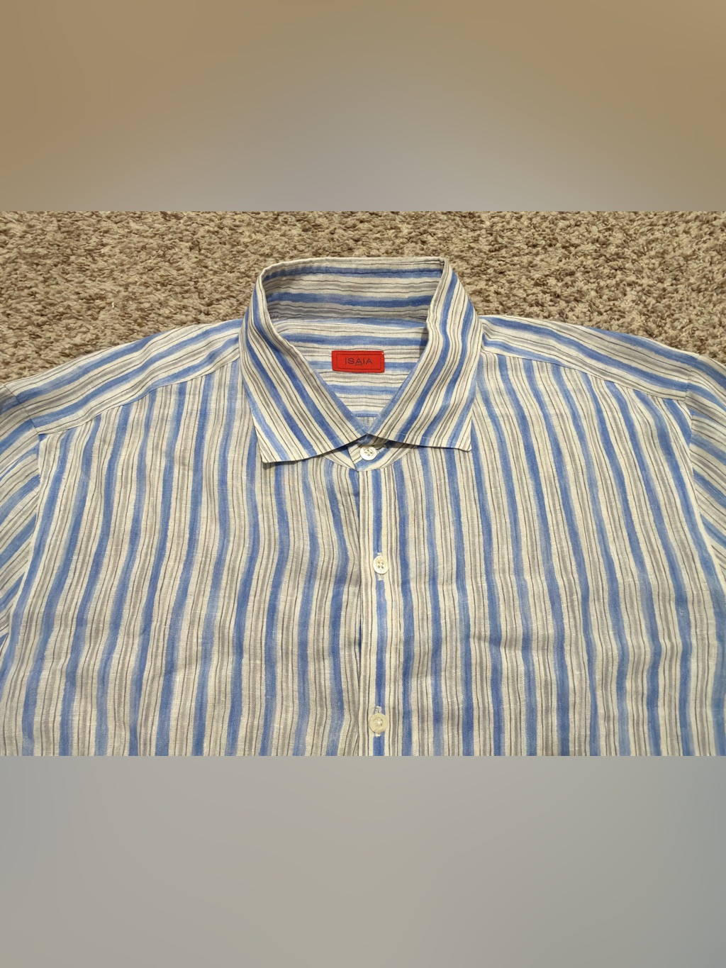 Isaia Napoli Striped Linen Shirt Size 16.5 L 42 Handmade Italy Red Logo Label